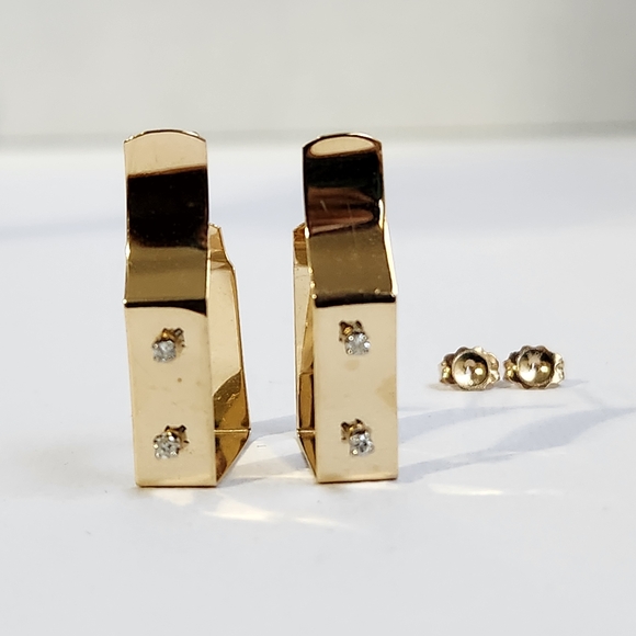 Rare Mid 80s 14K Gold Modernist Geometric Hoop & Diamond Stud Earrings 3.30g - Picture 8 of 16